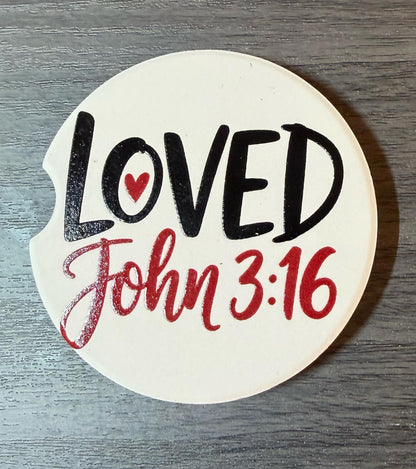 Ceramic Car Coasters Set of 2 | Loved John 3:16 Car Accessories |Absorbent Cup Holder Coasters |Faith Inspired Gift |Inspirational Car Decor __etsy:8076084579