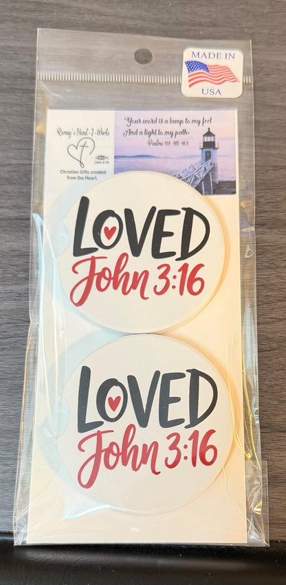 Ceramic Car Coasters Set of 2 | Loved John 3:16 Car Accessories |Absorbent Cup Holder Coasters |Faith Inspired Gift |Inspirational Car Decor __etsy:8028176168
