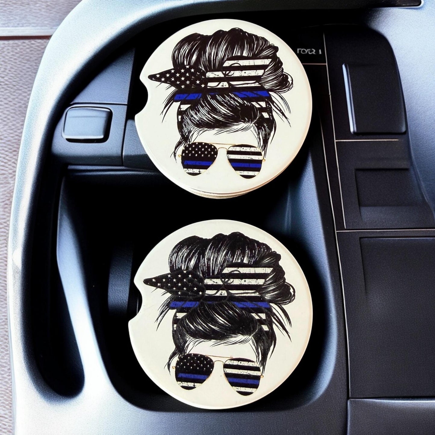 Ceramic Car Coasters Set of 2 | Messy Bun Blue Line Car Accessories |Absorbent Cup Holder Coasters | Police Officer Gift | Blue Line Decor __etsy:8076050059