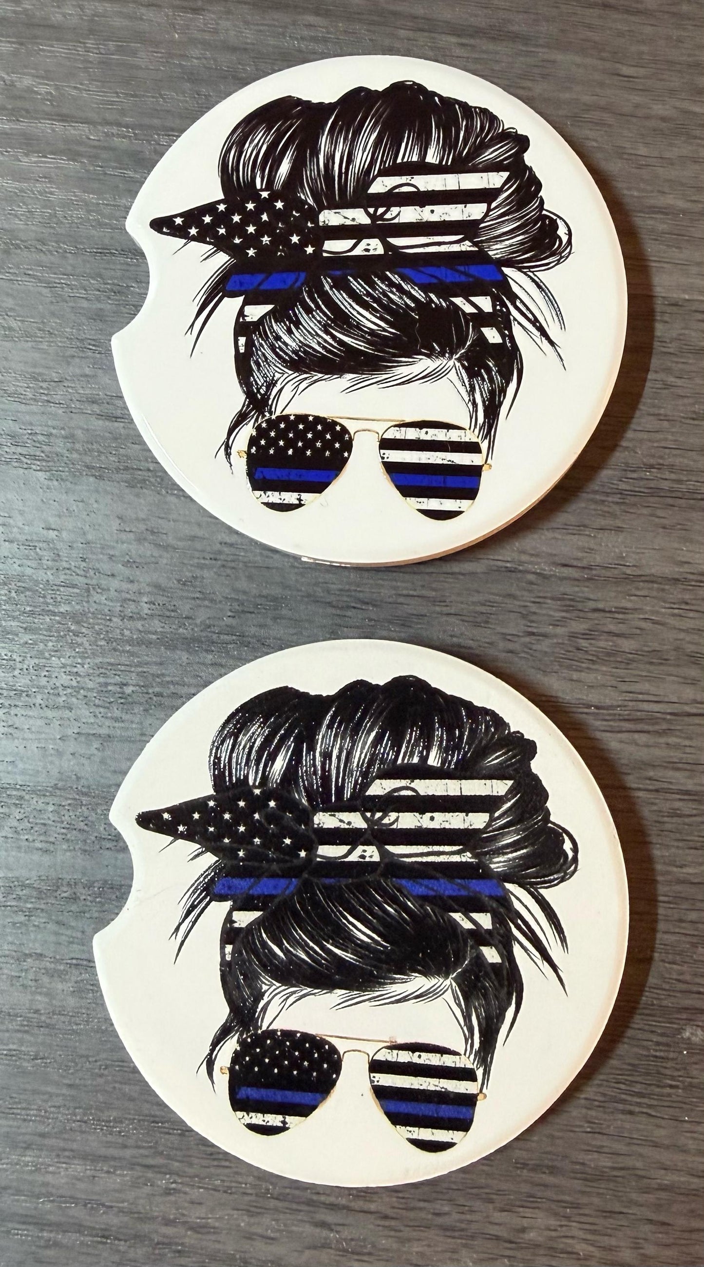 Ceramic Car Coasters Set of 2 | Messy Bun Blue Line Car Accessories |Absorbent Cup Holder Coasters | Police Officer Gift | Blue Line Decor __etsy:8076045769