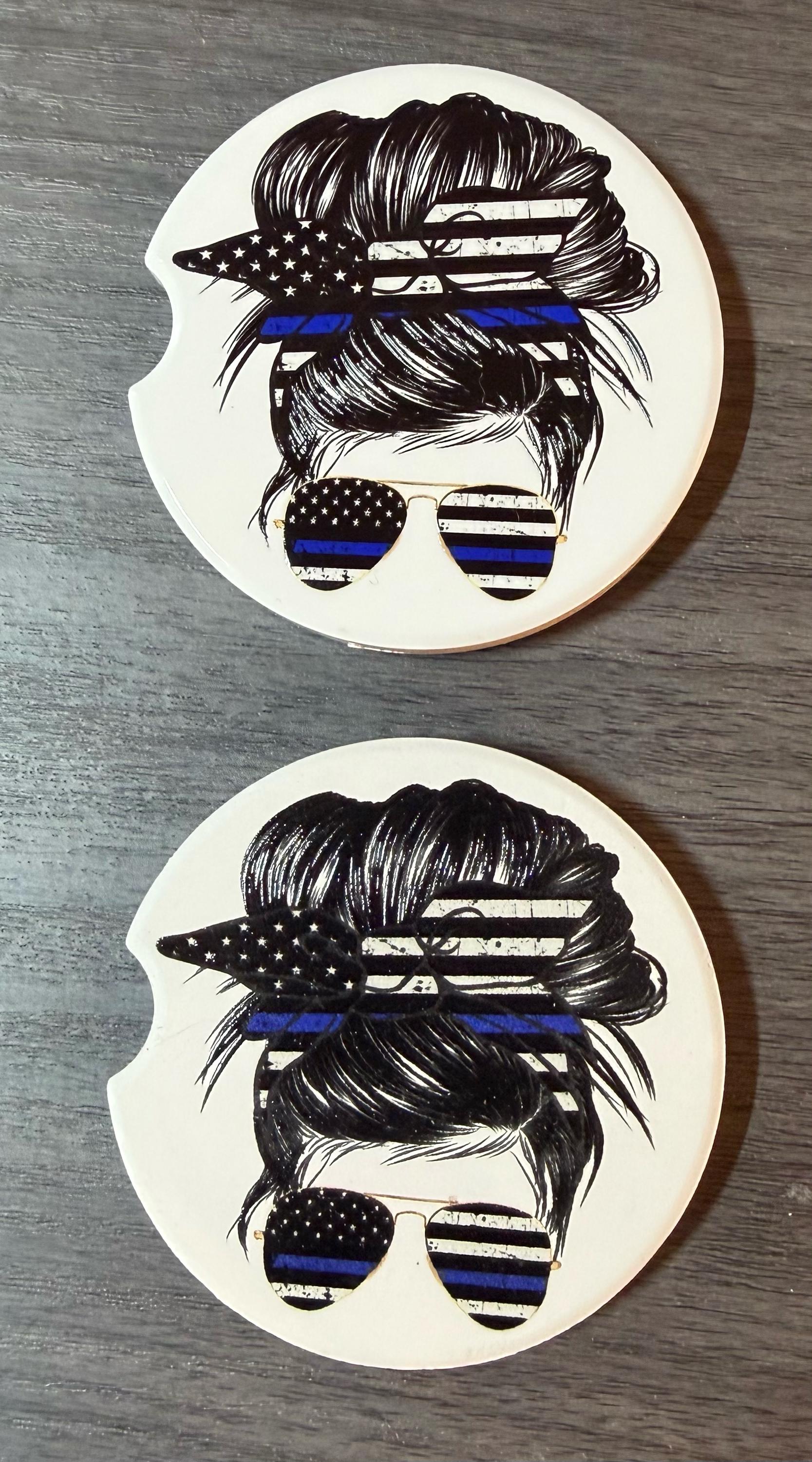 Ceramic Car Coasters Set of 2 | Messy Bun Blue Line Car Accessories |Absorbent Cup Holder Coasters | Police Officer Gift | Blue Line Decor __etsy:8076045769