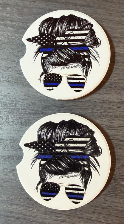 Ceramic Car Coasters Set of 2 | Messy Bun Blue Line Car Accessories |Absorbent Cup Holder Coasters | Police Officer Gift | Blue Line Decor __etsy:8076045769