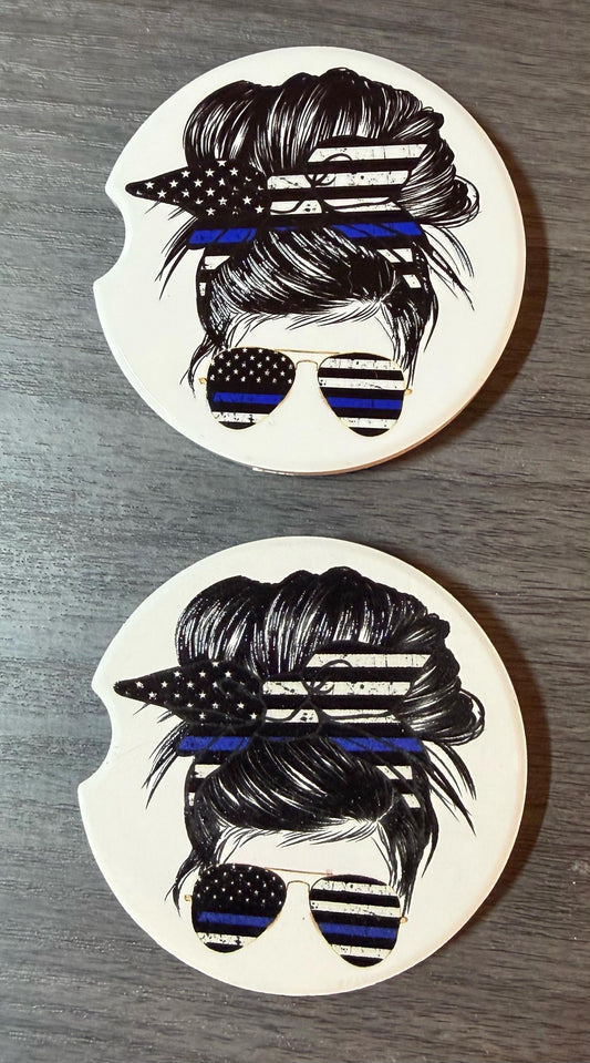 Ceramic Car Coasters Set of 2 | Messy Bun Blue Line Car Accessories |Absorbent Cup Holder Coasters | Police Officer Gift | Blue Line Decor __etsy:8076045769