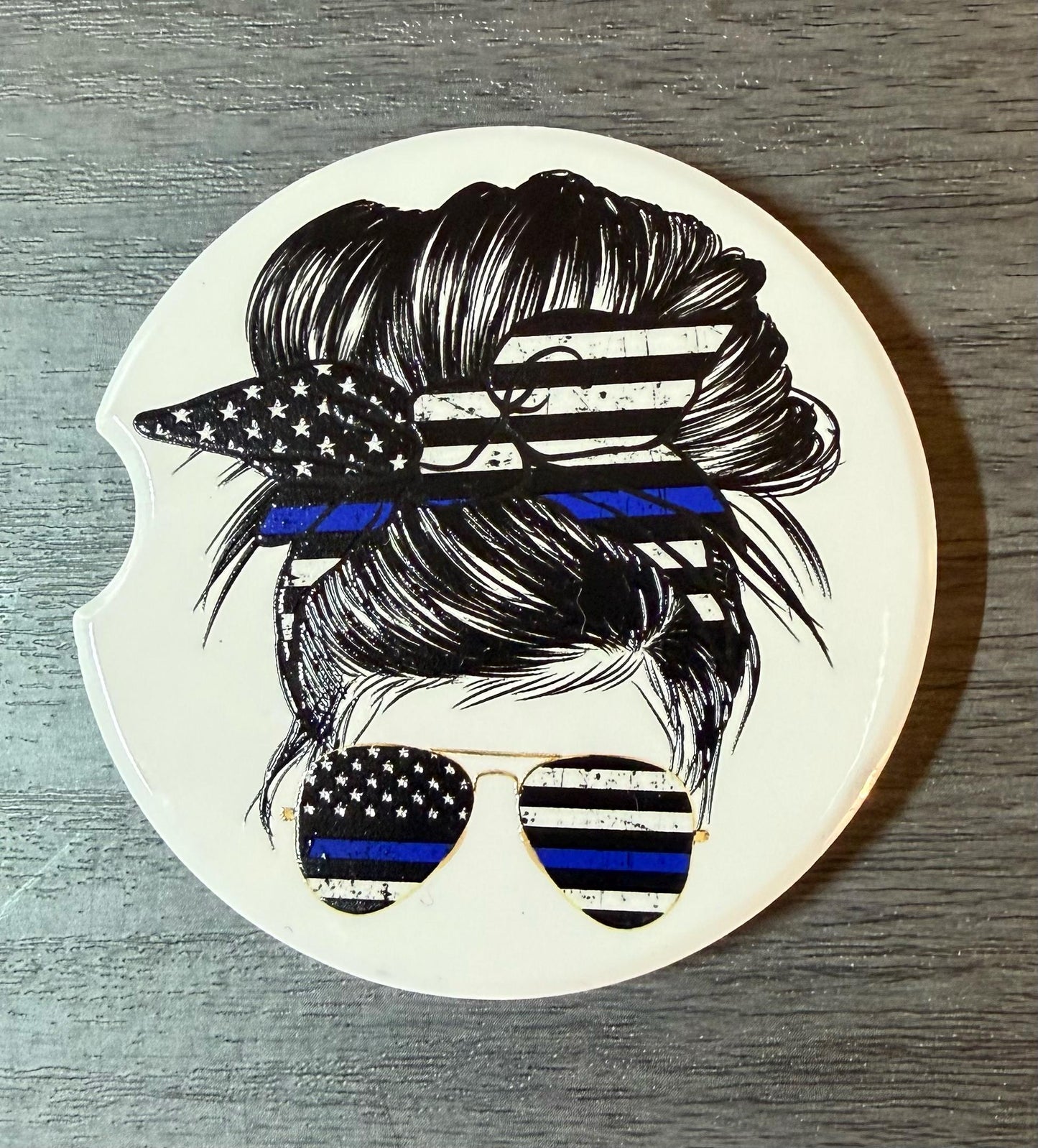 Ceramic Car Coasters Set of 2 | Messy Bun Blue Line Car Accessories |Absorbent Cup Holder Coasters | Police Officer Gift | Blue Line Decor __etsy:8028134178