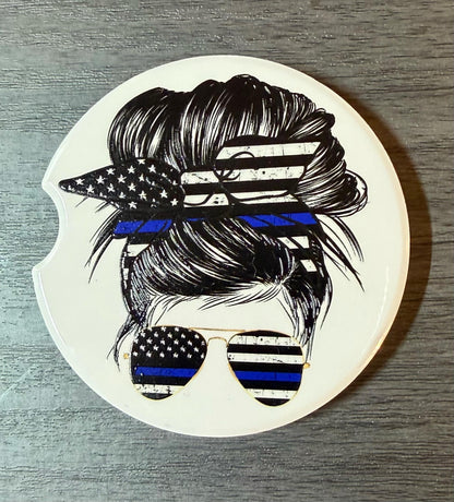 Ceramic Car Coasters Set of 2 | Messy Bun Blue Line Car Accessories |Absorbent Cup Holder Coasters | Police Officer Gift | Blue Line Decor __etsy:8028134178
