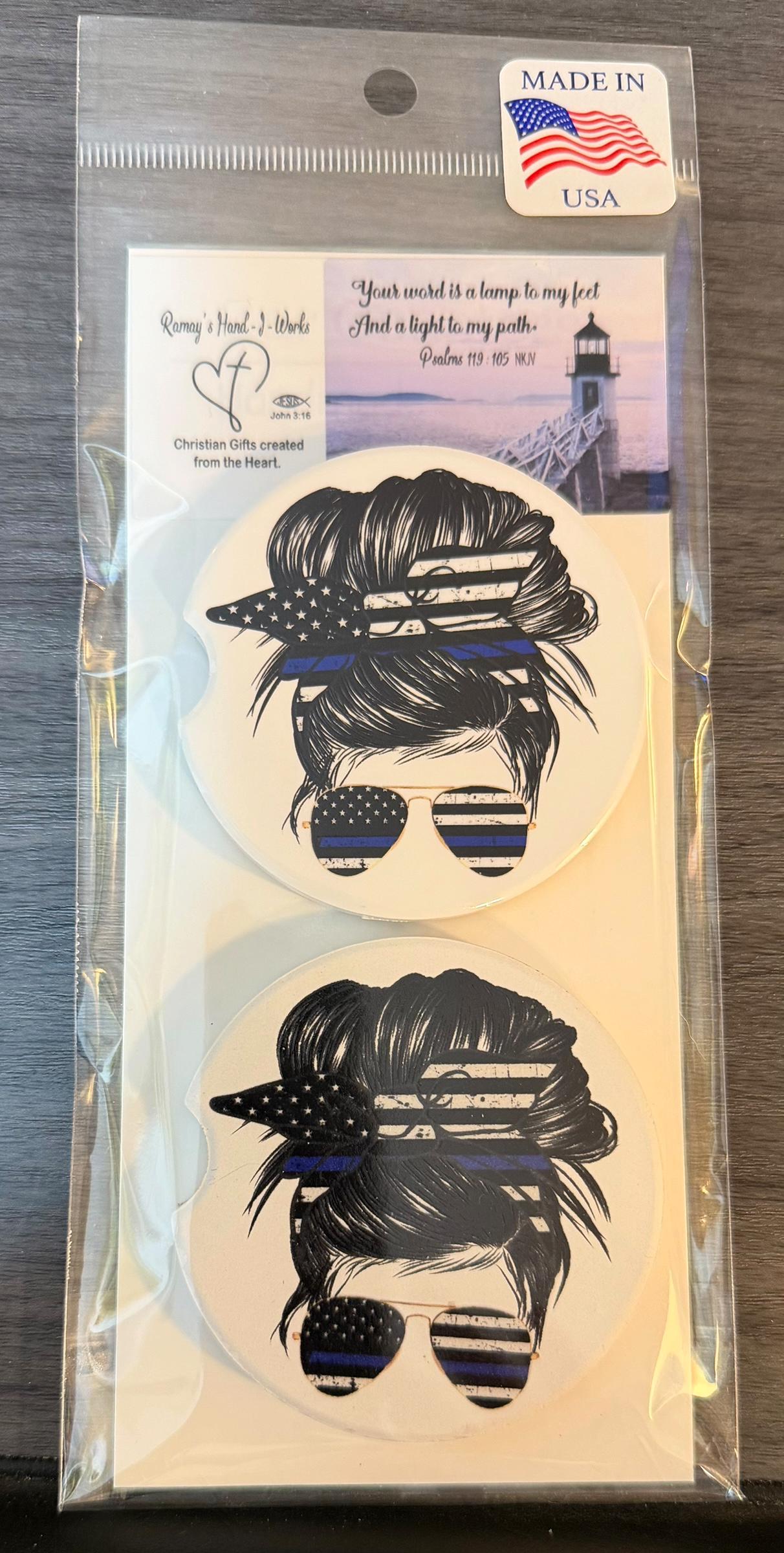 Ceramic Car Coasters Set of 2 | Messy Bun Blue Line Car Accessories |Absorbent Cup Holder Coasters | Police Officer Gift | Blue Line Decor __etsy:8028141732