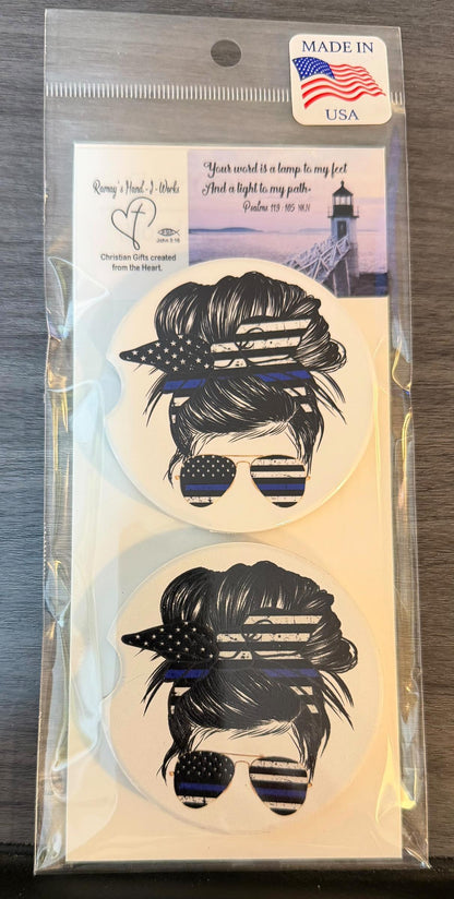 Ceramic Car Coasters Set of 2 | Messy Bun Blue Line Car Accessories |Absorbent Cup Holder Coasters | Police Officer Gift | Blue Line Decor __etsy:8028141732
