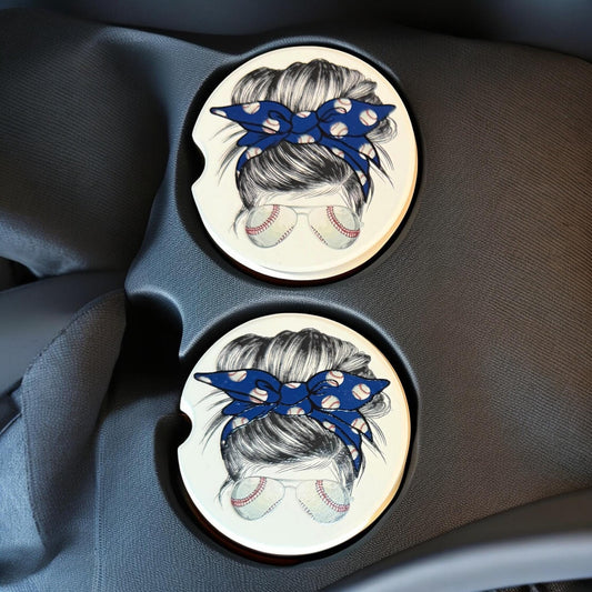 Ceramic Car Coasters Set of 2 |Messy Bun Red Baseball Car Accessories |Absorbent Cup Holder Coasters |Blue Baseball Mom Gift |Sports Decor __etsy:8039086256