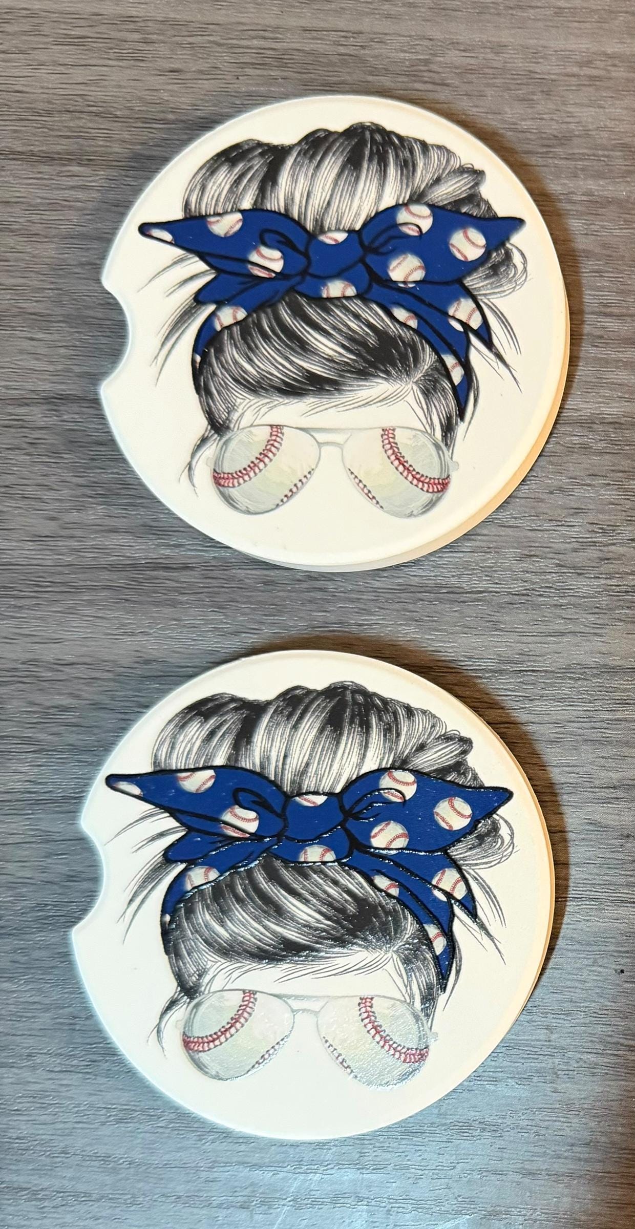 Ceramic Car Coasters Set of 2 |Messy Bun Red Baseball Car Accessories |Absorbent Cup Holder Coasters |Blue Baseball Mom Gift |Sports Decor __etsy:8086993015