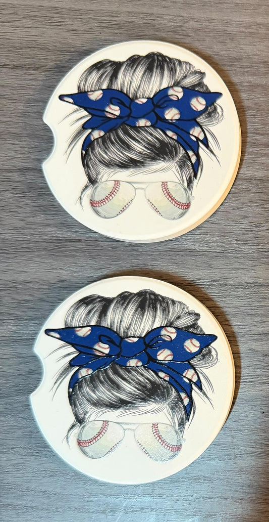 Ceramic Car Coasters Set of 2 |Messy Bun Red Baseball Car Accessories |Absorbent Cup Holder Coasters |Blue Baseball Mom Gift |Sports Decor __etsy:8086993015