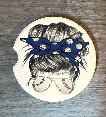 Ceramic Car Coasters Set of 2 |Messy Bun Red Baseball Car Accessories |Absorbent Cup Holder Coasters |Blue Baseball Mom Gift |Sports Decor __etsy:8039079210