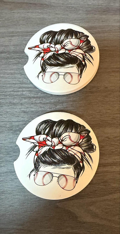 Ceramic Car Coasters Set of 2 |Messy Bun Red Baseball Car Accessories |Absorbent Cup Holder Coasters |Red Baseball Mom Gift |Sports Decor __etsy:8086974209