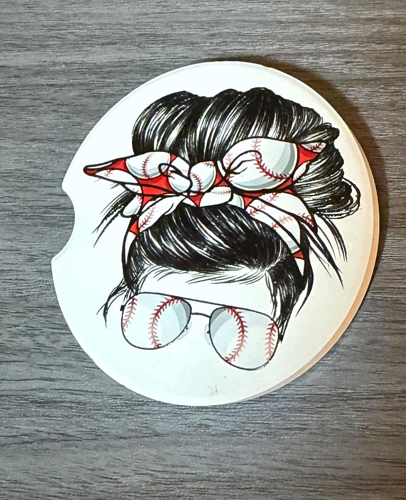 Ceramic Car Coasters Set of 2 |Messy Bun Red Baseball Car Accessories |Absorbent Cup Holder Coasters |Red Baseball Mom Gift |Sports Decor __etsy:8086958573