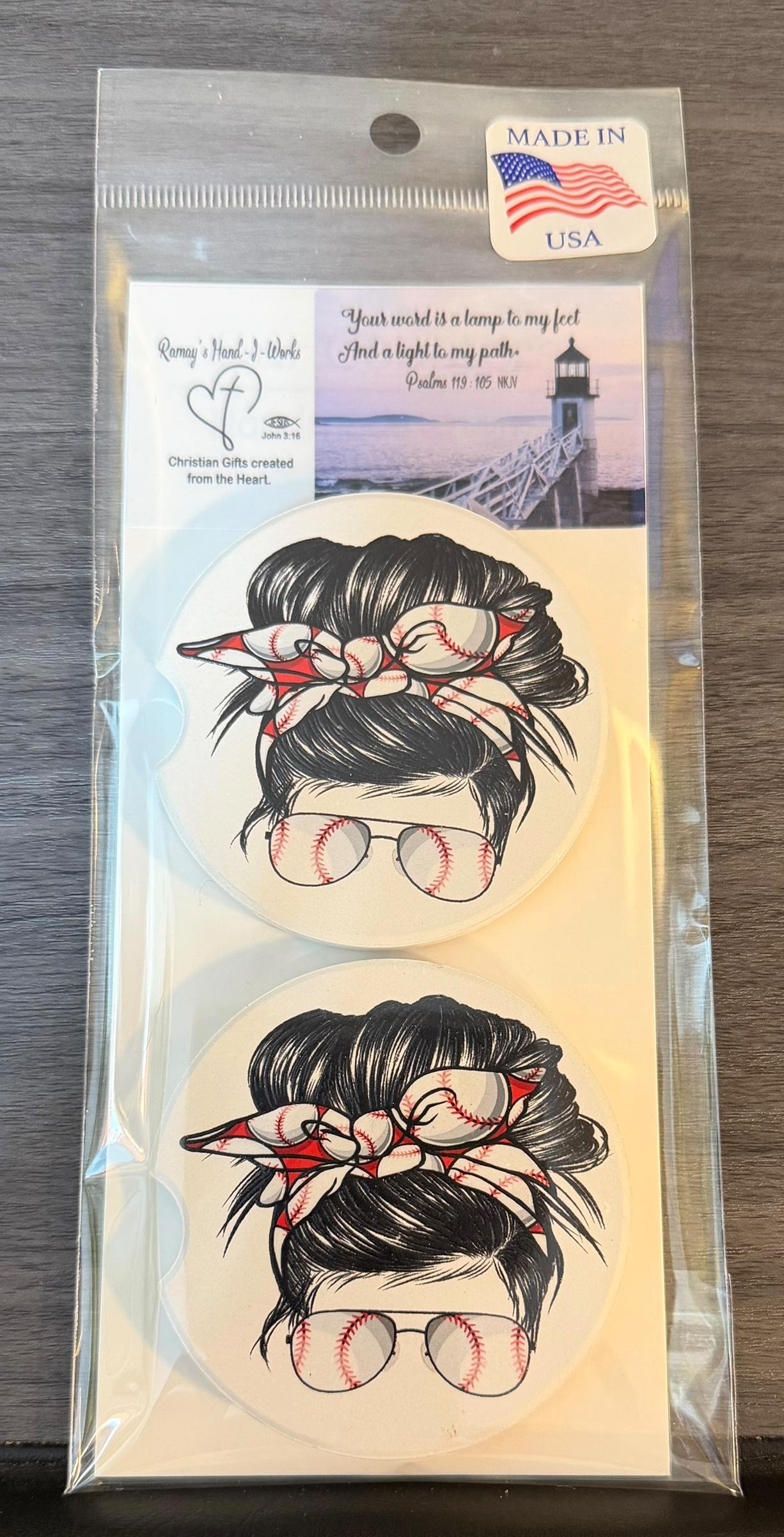 Ceramic Car Coasters Set of 2 |Messy Bun Red Baseball Car Accessories |Absorbent Cup Holder Coasters |Red Baseball Mom Gift |Sports Decor __etsy:8086962937