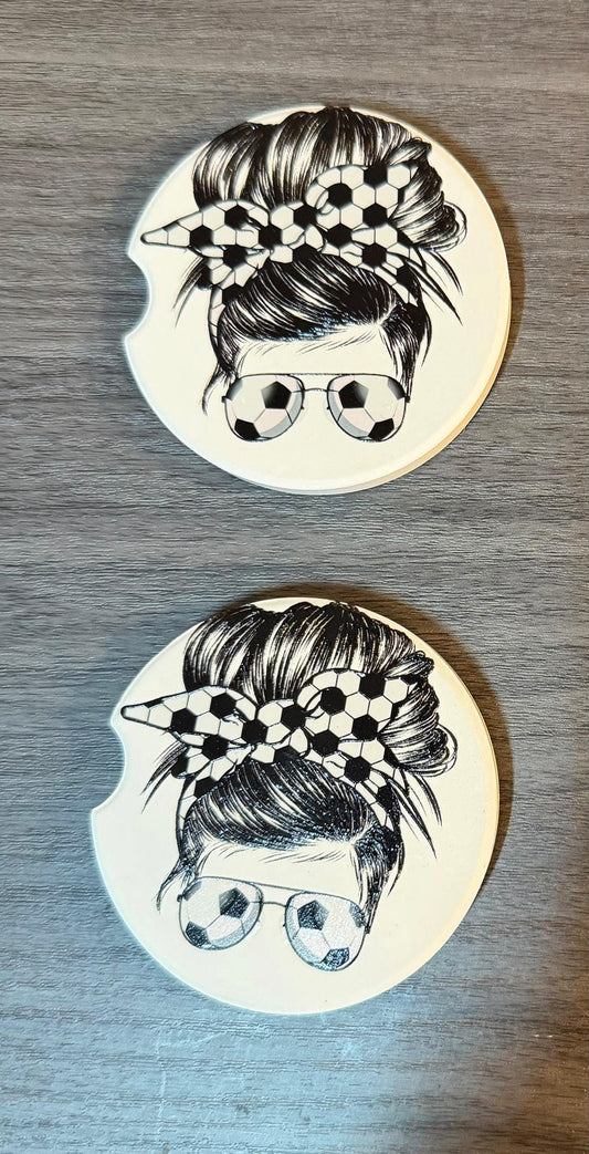 Ceramic Car Coasters Set of 2 | Messy Bun Soccer Mom Car Accessories |Absorbent Cup Holder Coasters |Soccer Player Gift |Sports Soccer Decor __etsy:8076310829