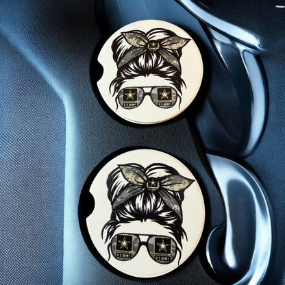 Ceramic Car Coasters Set of 2 |Military Messy Bun Car Accessories |Absorbent Cup Holder Coasters |Veteran Gift | Army, Navy, Air Force Decor __etsy:8027930782