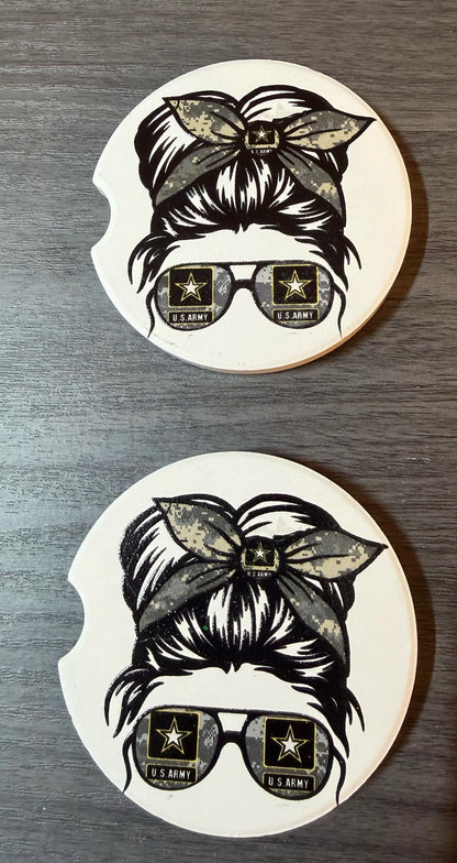 Ceramic Car Coasters Set of 2 |Military Messy Bun Car Accessories |Absorbent Cup Holder Coasters |Veteran Gift | Army, Navy, Air Force Decor __etsy:8075832189