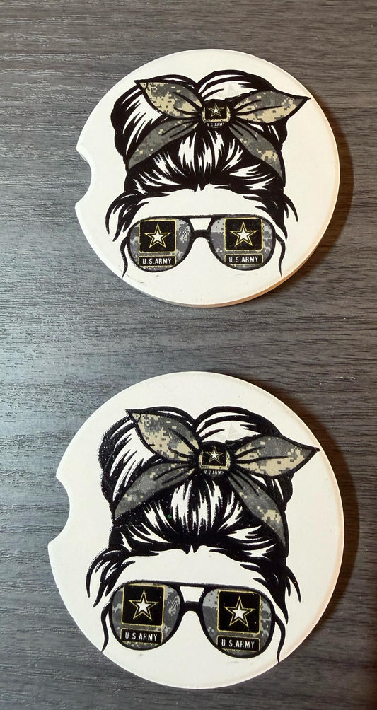 Ceramic Car Coasters Set of 2 |Military Messy Bun Car Accessories |Absorbent Cup Holder Coasters |Veteran Gift | Army, Navy, Air Force Decor __etsy:8075832189