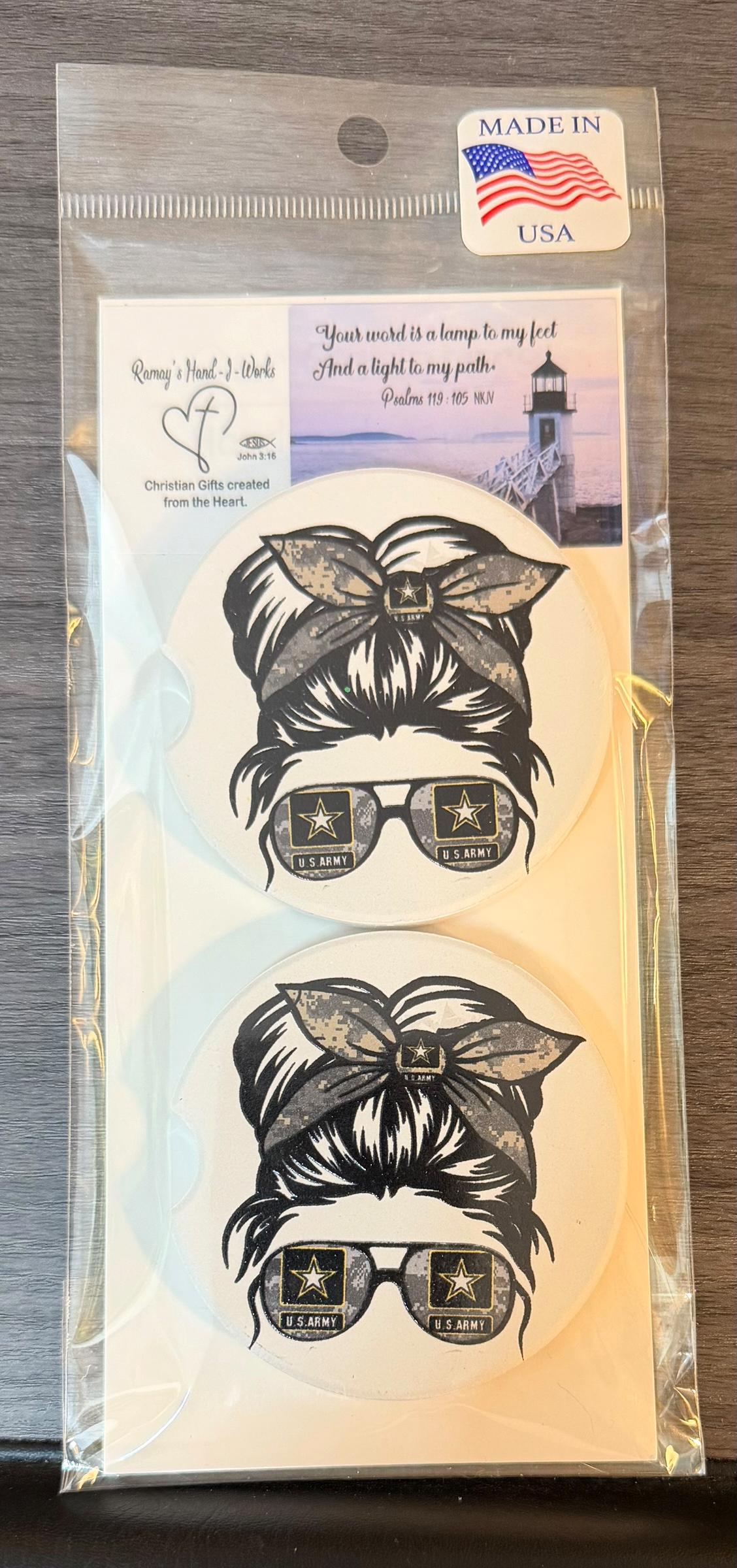 Ceramic Car Coasters Set of 2 |Military Messy Bun Car Accessories |Absorbent Cup Holder Coasters |Veteran Gift | Army, Navy, Air Force Decor __etsy:8075850251