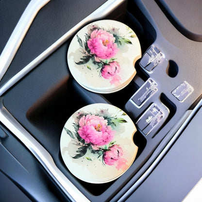 Ceramic Car Coasters Set of 2 | Pink Floral Car Accessories | Absorbent Cup Holder Coasters | Faith Inspired Gift | Inspirational Car Decor __etsy:8087398423