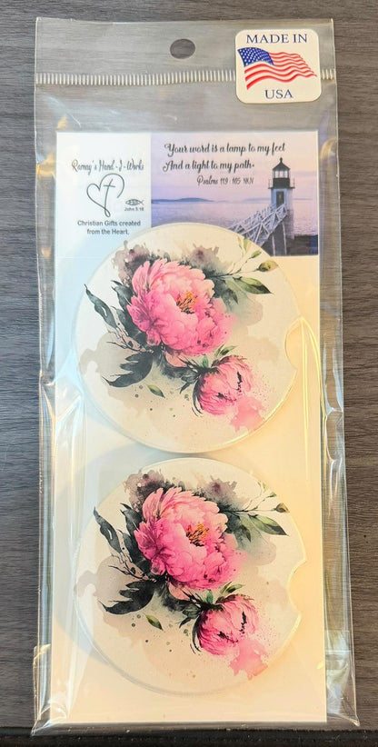 Ceramic Car Coasters Set of 2 | Pink Floral Car Accessories | Absorbent Cup Holder Coasters | Faith Inspired Gift | Inspirational Car Decor __etsy:8087395805