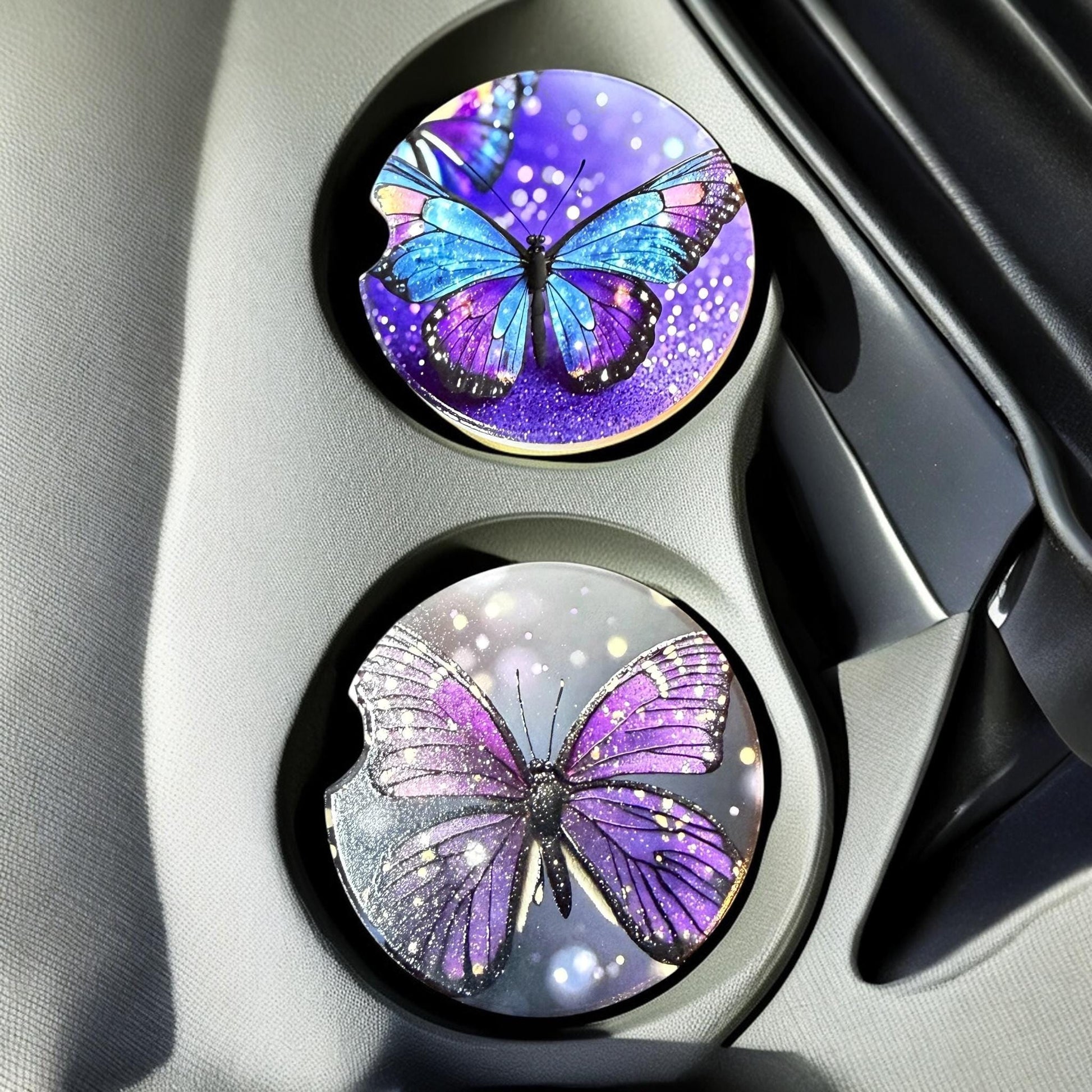 Ceramic Car Coasters Set of 2 | Purple Butterflies Car Accessories | Absorbent Cup Holder Coasters | Scenic Inspired Gift | Beach Life Decor __etsy:8039700540