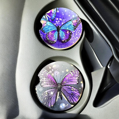 Ceramic Car Coasters Set of 2 | Purple Butterflies Car Accessories | Absorbent Cup Holder Coasters | Scenic Inspired Gift | Beach Life Decor __etsy:8039700540