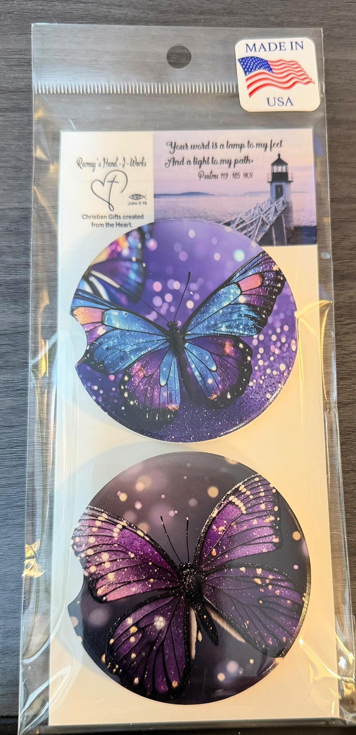 Ceramic Car Coasters Set of 2 | Purple Butterflies Car Accessories | Absorbent Cup Holder Coasters | Scenic Inspired Gift | Beach Life Decor __etsy:8039735312