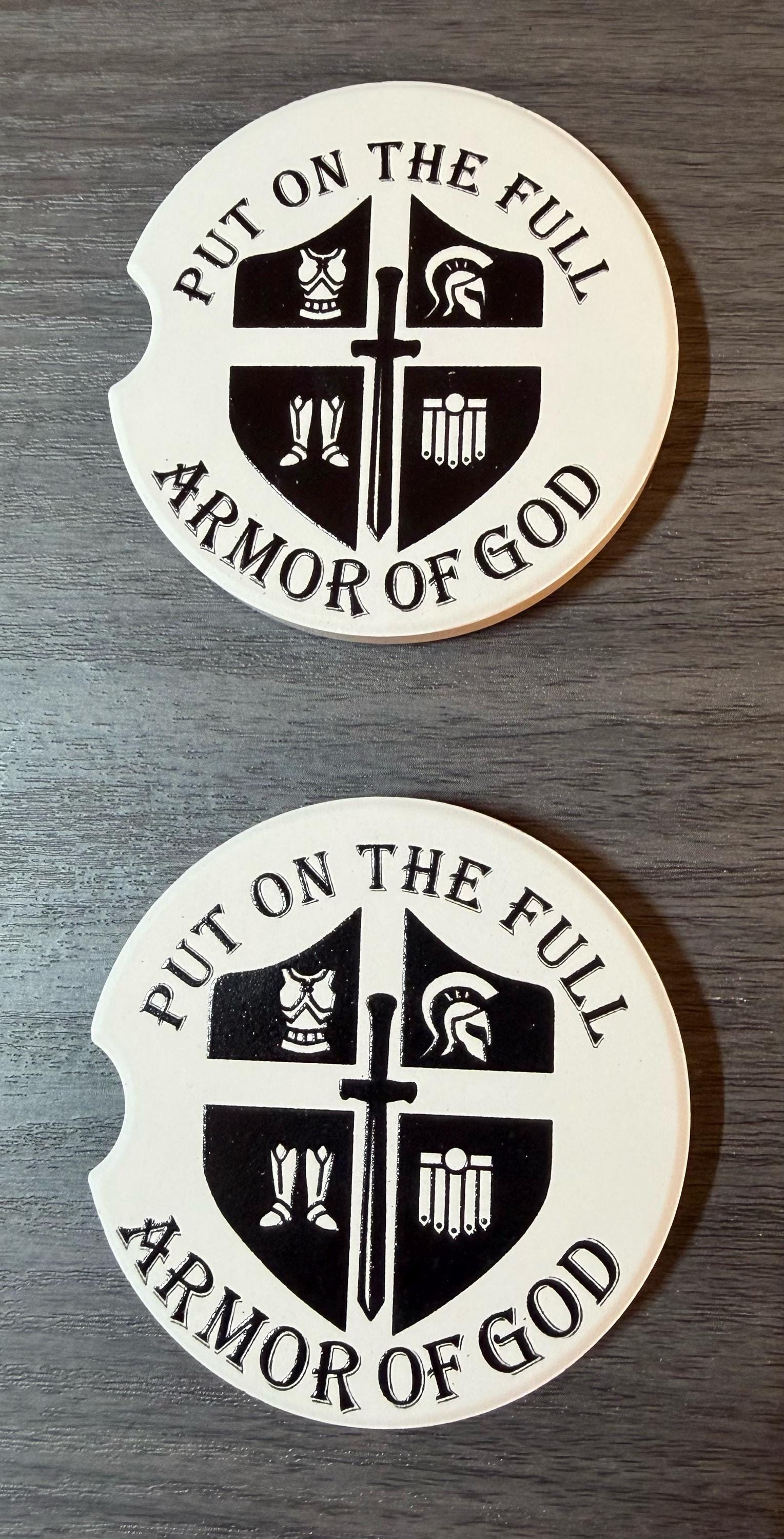 Ceramic Car Coasters Set of 2 |Put the Full Armor of God Car Accessories |Absorbent Cup Holder Coasters |Faith Gift |Inspirational Car Decor __etsy:8028282962