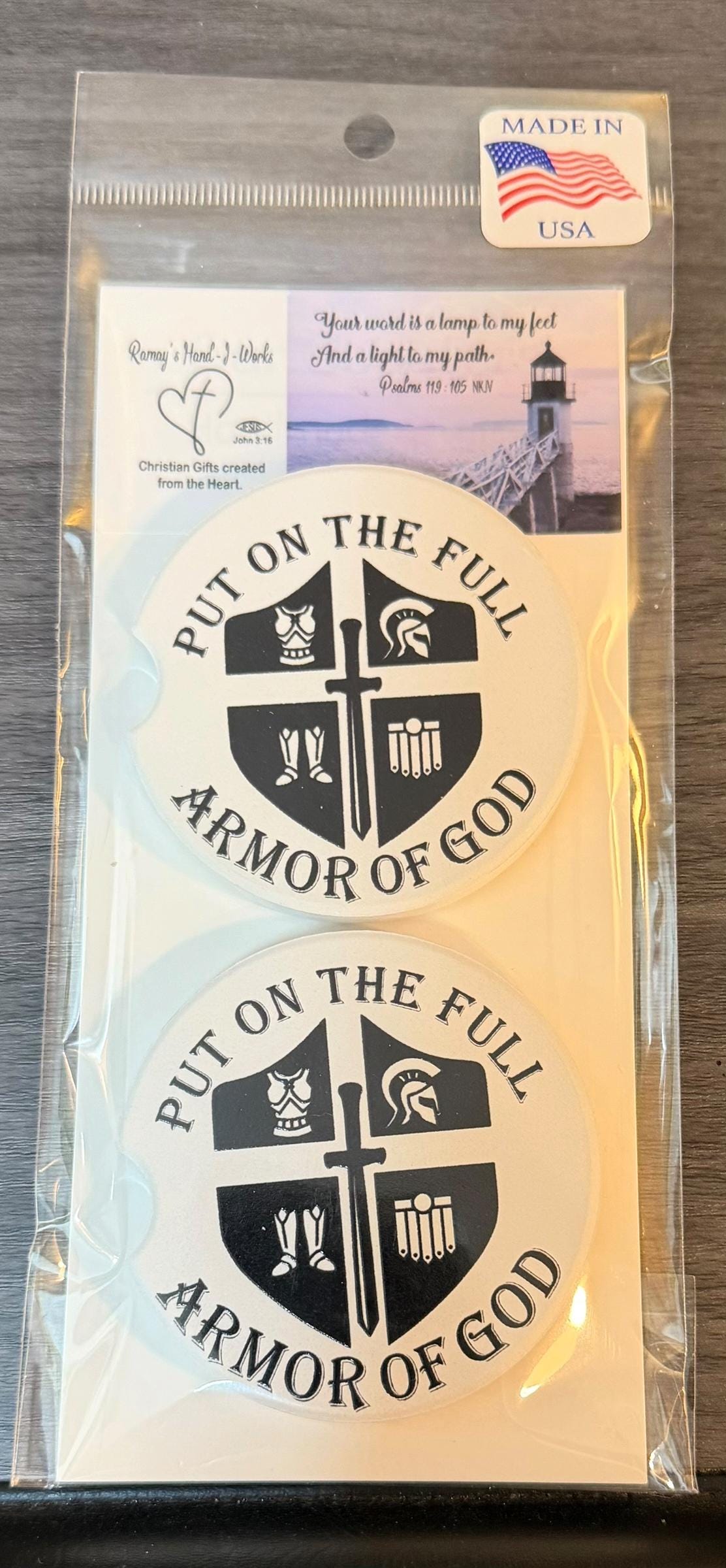 Ceramic Car Coasters Set of 2 |Put the Full Armor of God Car Accessories |Absorbent Cup Holder Coasters |Faith Gift |Inspirational Car Decor __etsy:8076196555
