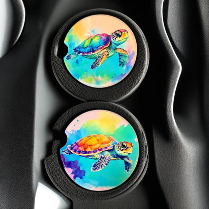 Ceramic Car Coasters Set of 2 | Sea Turtles Car Accessories | Absorbent Cup Holder Coasters | Scenic Inspired Gift | Beach Life Decor __etsy:8039747808