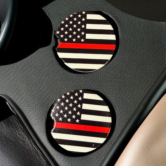 Ceramic Car Coasters Set of 2 |Support the Red Line Flag Car Accessories |Absorbent Cup Holder Coasters | Firemen Gift | Red Line Flag Decor __etsy:8050968108