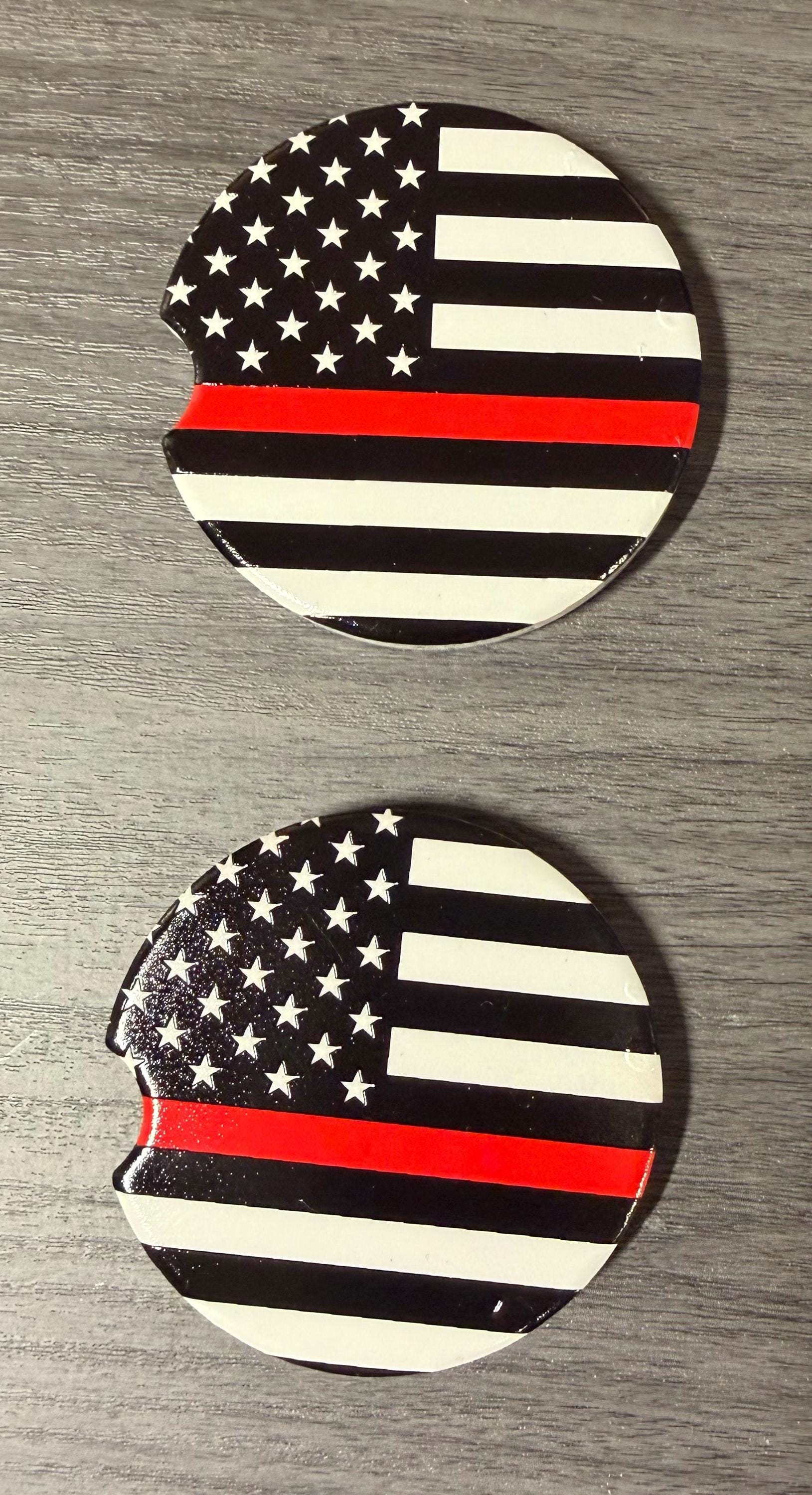 Ceramic Car Coasters Set of 2 |Support the Red Line Flag Car Accessories |Absorbent Cup Holder Coasters | Firemen Gift | Red Line Flag Decor __etsy:8050971840