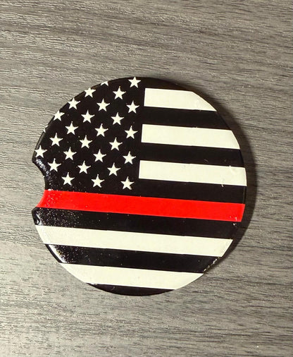 Ceramic Car Coasters Set of 2 |Support the Red Line Flag Car Accessories |Absorbent Cup Holder Coasters | Firemen Gift | Red Line Flag Decor __etsy:8098885315