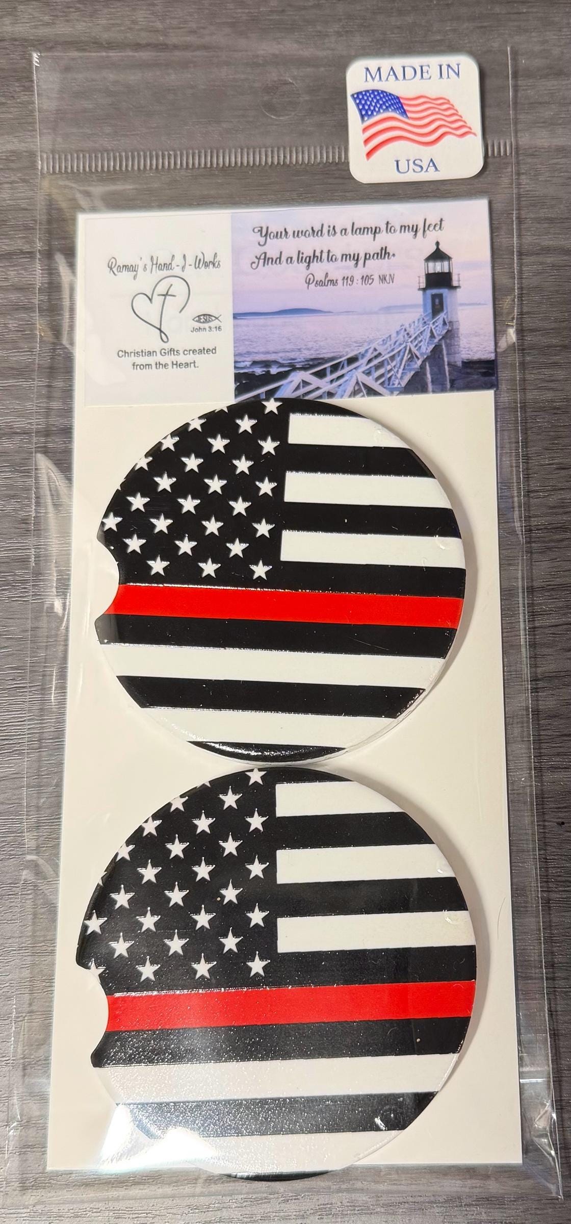 Ceramic Car Coasters Set of 2 |Support the Red Line Flag Car Accessories |Absorbent Cup Holder Coasters | Firemen Gift | Red Line Flag Decor __etsy:8098888335