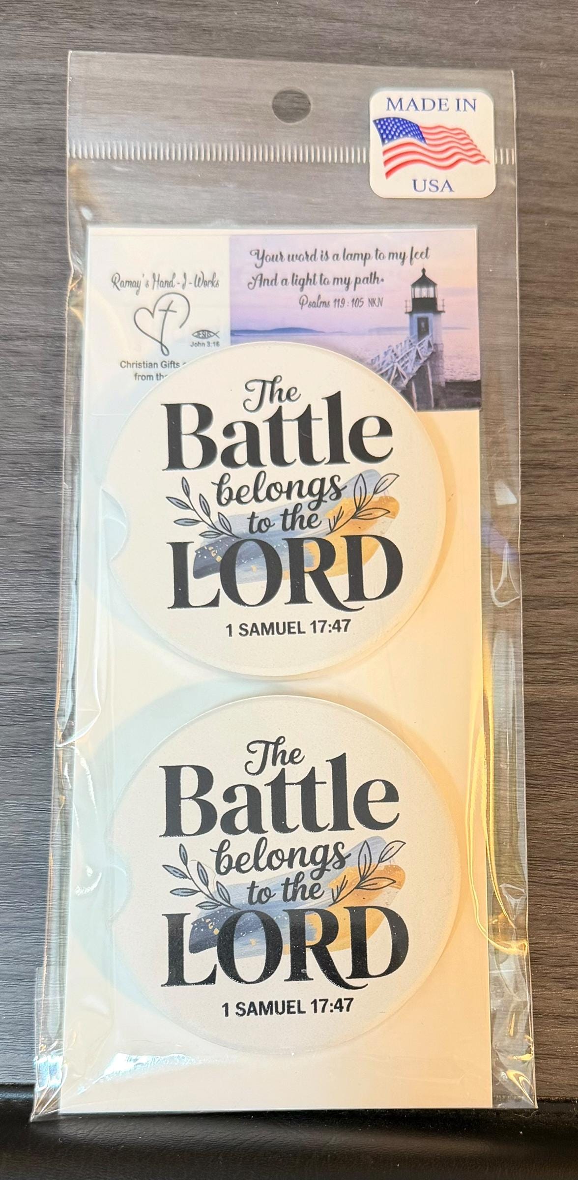 Ceramic Car Coasters Set of 2 | The Battle Belongs to the Lord Car Accessories |Absorbent Cup Holder Coasters |Faith Inspirational Car Decor __etsy:8028317506