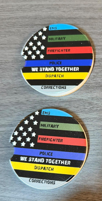 Ceramic Car Coasters Set of 2 | We Stand Together Absorbent Cup Holder Coasters | EMS, Military, Police, Dispatch, Corrections car decor __etsy:8039523446