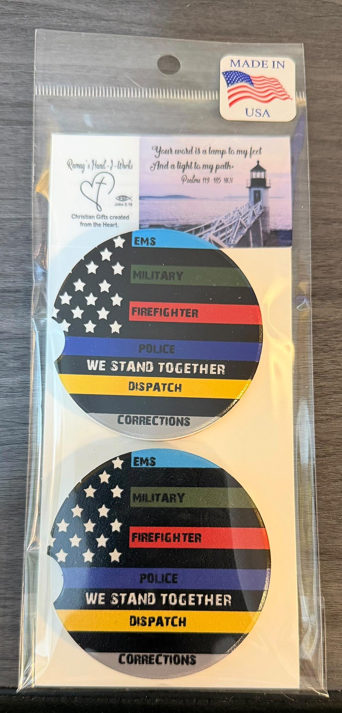 Ceramic Car Coasters Set of 2 | We Stand Together Absorbent Cup Holder Coasters | EMS, Military, Police, Dispatch, Corrections car decor __etsy:8039519710