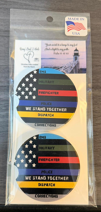 Ceramic Car Coasters Set of 2 | We Stand Together Absorbent Cup Holder Coasters | EMS, Military, Police, Dispatch, Corrections car decor __etsy:8039519710