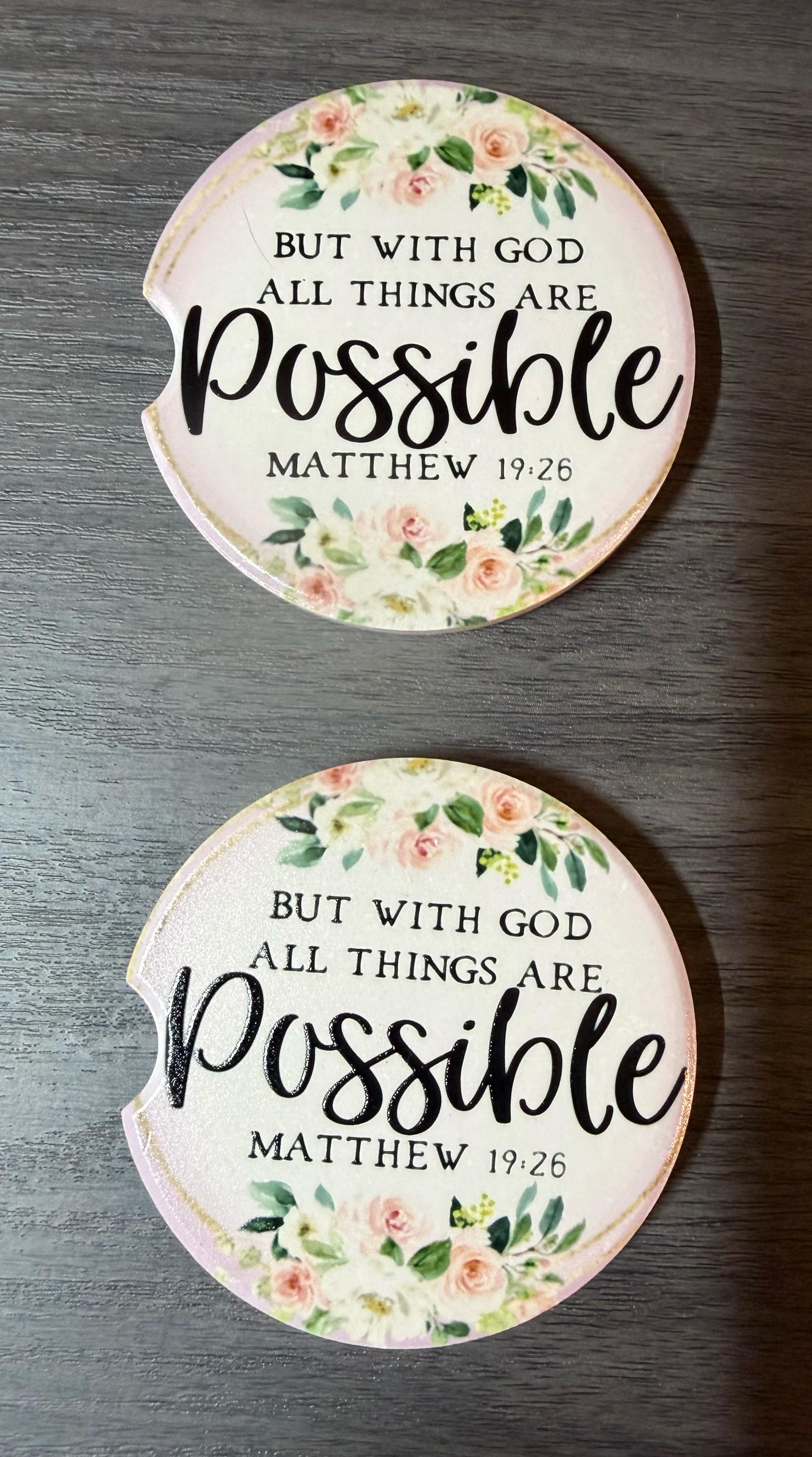 Christian Ceramic Car Coasters – Matthew 19:26 Floral Design (Set of 2) __etsy:8193845945