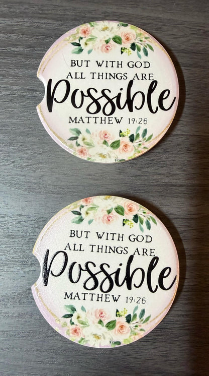 Christian Ceramic Car Coasters – Matthew 19:26 Floral Design (Set of 2) __etsy:8193845945