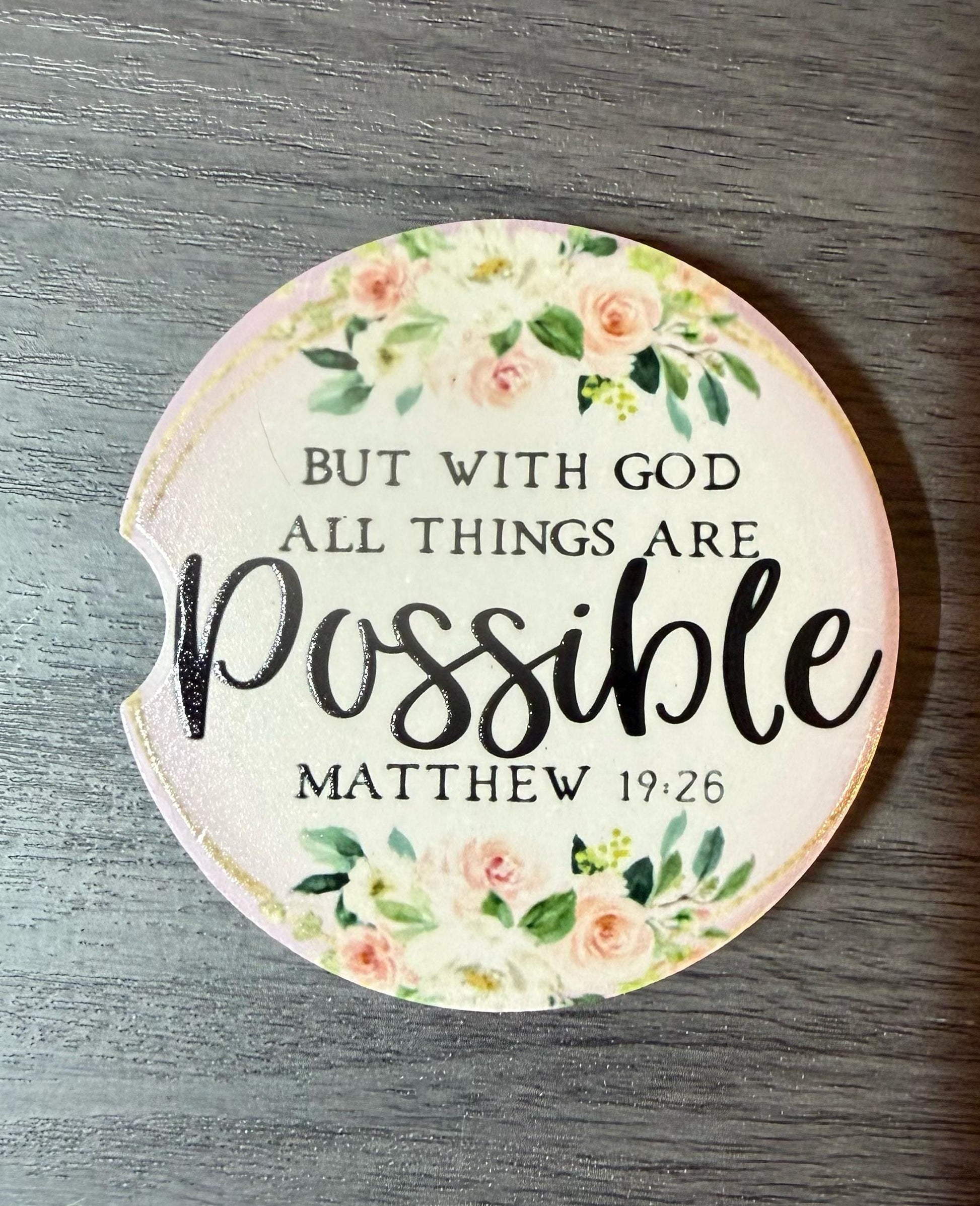 Christian Ceramic Car Coasters – Matthew 19:26 Floral Design (Set of 2) __etsy:8145940174
