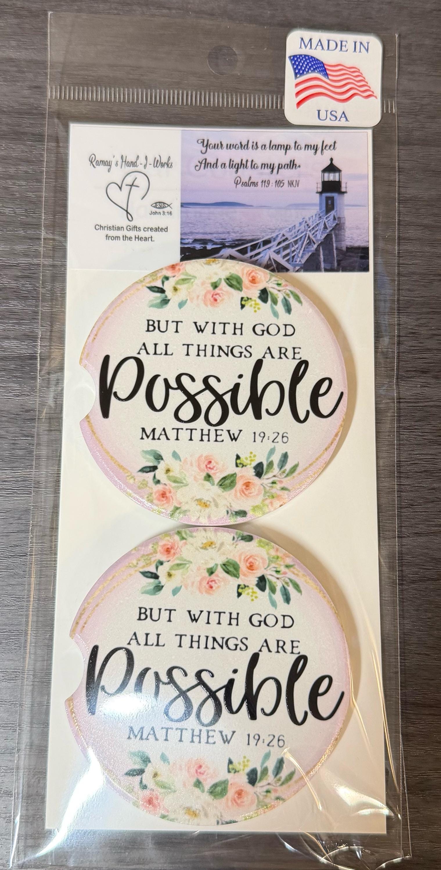 Christian Ceramic Car Coasters – Matthew 19:26 Floral Design (Set of 2) __etsy:8145942640