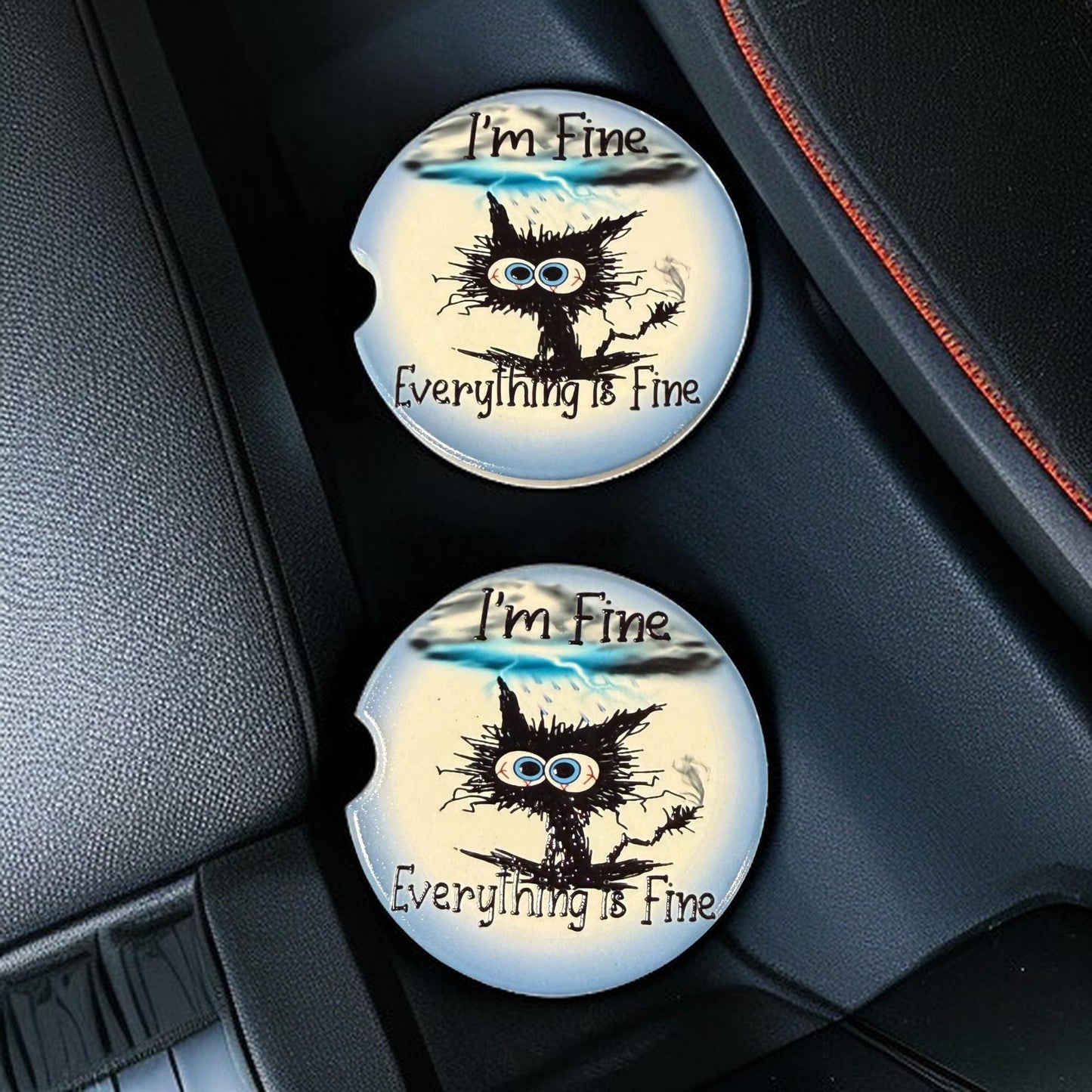 Funny Ceramic Car Coasters Set of 2 | Black cat I'm Fine, Every thing is fine Car Accessories | Absorbent Cup Holder Coasters | Funny Gift __etsy:8099017179