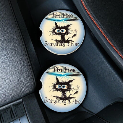 Funny Ceramic Car Coasters Set of 2 | Black cat I'm Fine, Every thing is fine Car Accessories | Absorbent Cup Holder Coasters | Funny Gift __etsy:8099017179