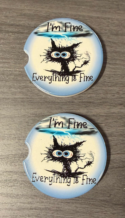 Funny Ceramic Car Coasters Set of 2 | Black cat I'm Fine, Every thing is fine Car Accessories | Absorbent Cup Holder Coasters | Funny Gift __etsy:8099019511