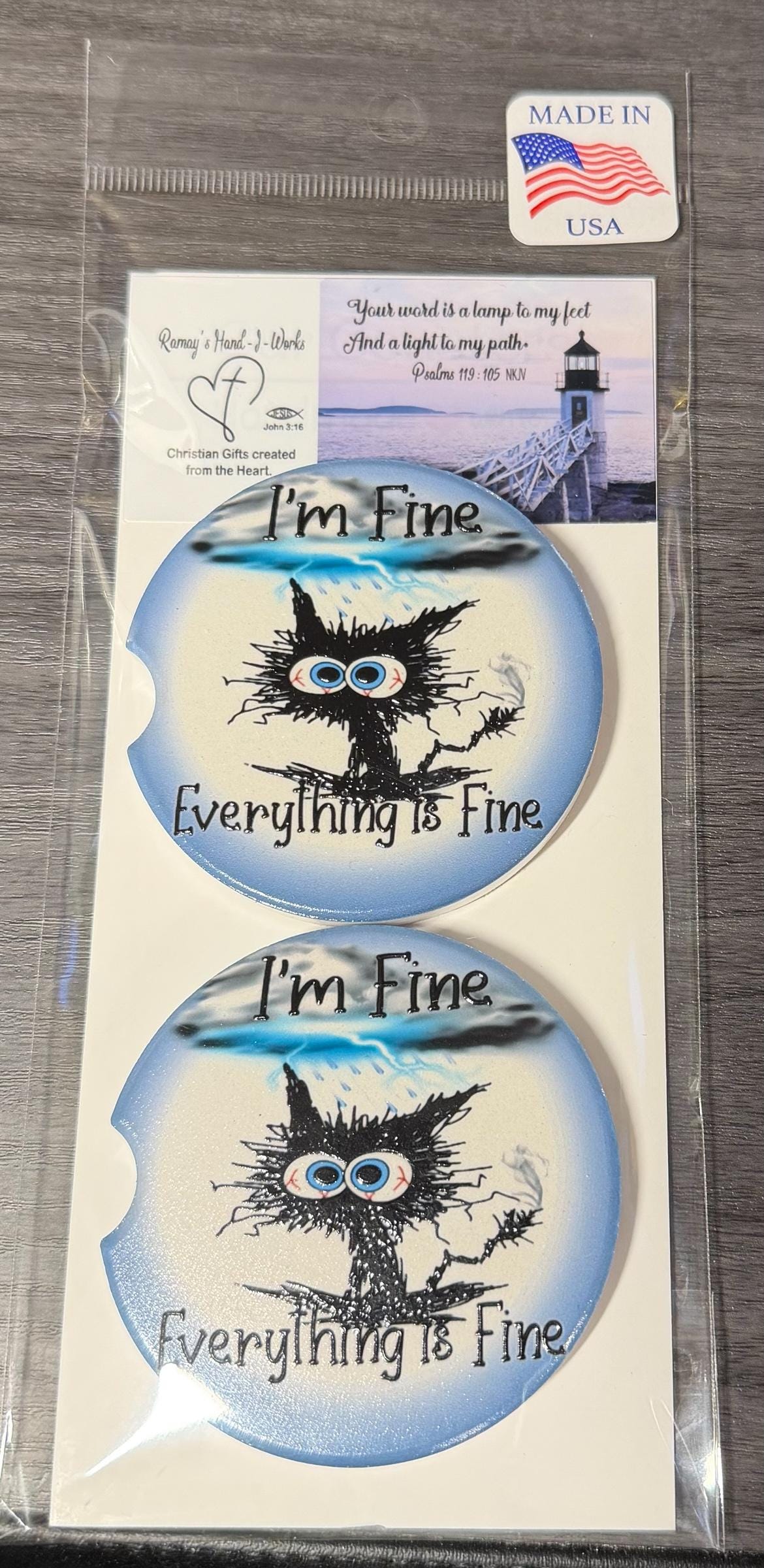 Funny Ceramic Car Coasters Set of 2 | Black cat I'm Fine, Every thing is fine Car Accessories | Absorbent Cup Holder Coasters | Funny Gift __etsy:8099020903