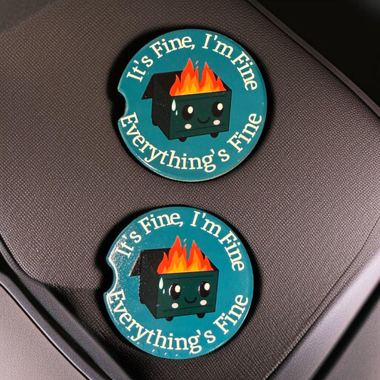 Funny Ceramic Car Coasters Set of 2 | Trash Bin I'm Fine, Everything is fine Car Accessories | Absorbent Cup Holder Coasters | Funny Gift __etsy:8051139368
