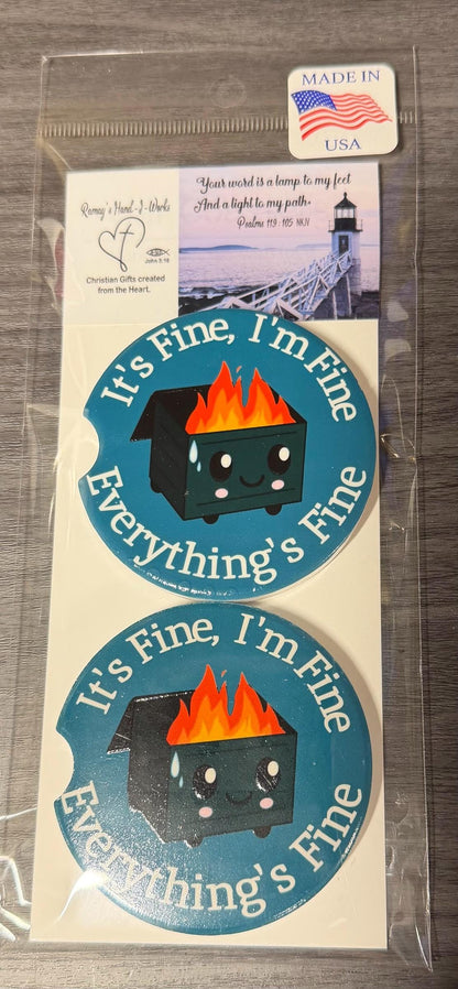 Funny Ceramic Car Coasters Set of 2 | Trash Bin I'm Fine, Everything is fine Car Accessories | Absorbent Cup Holder Coasters | Funny Gift __etsy:8099060197