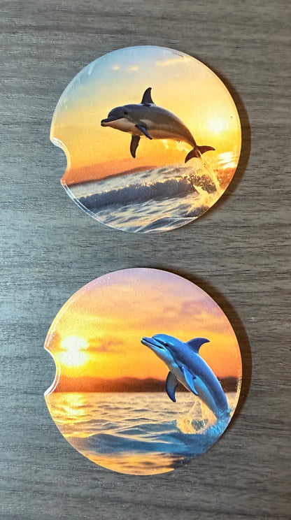 Dolphins Ceramic car coasters, designed to fit most cup holders